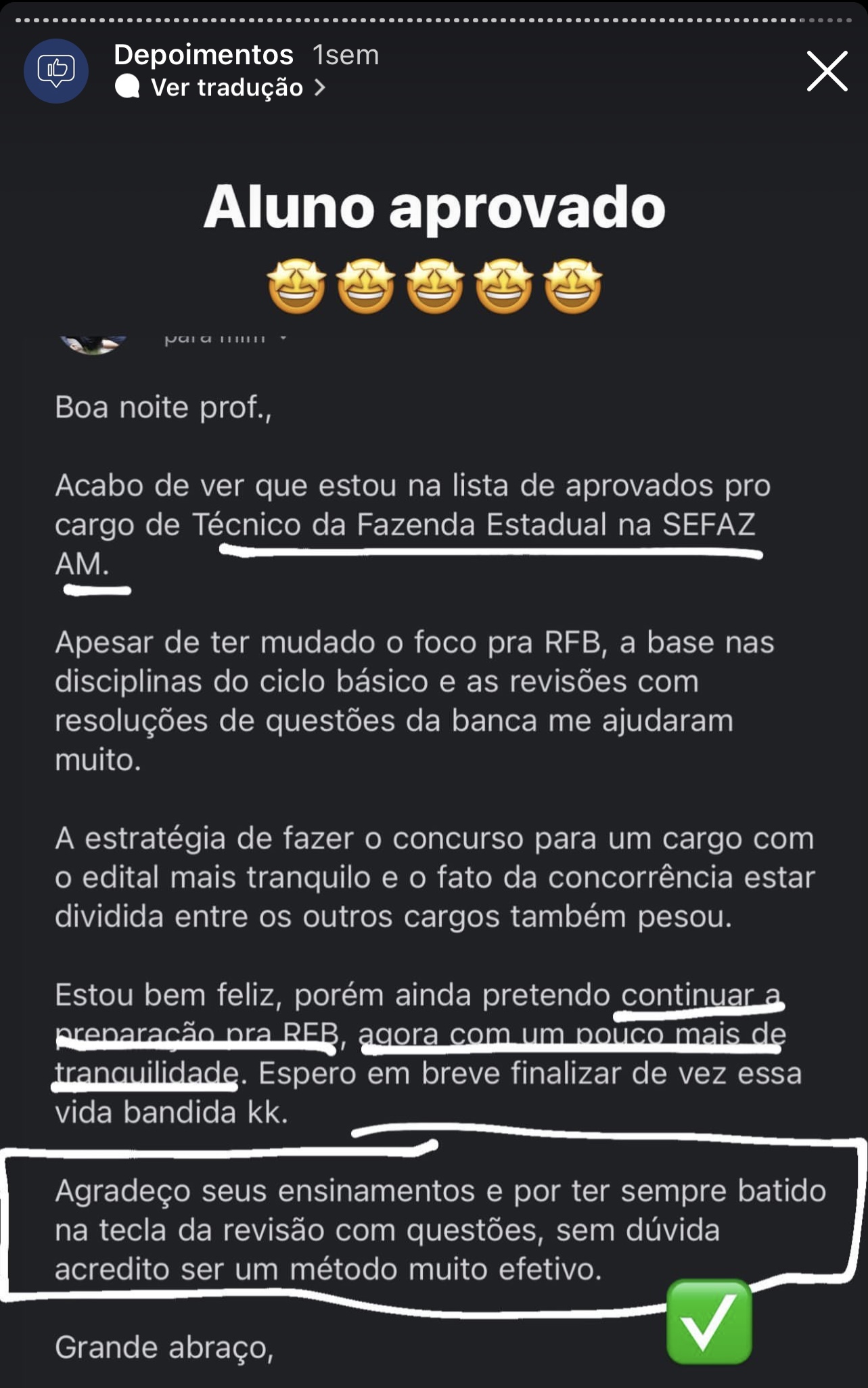 Depoimento de aluno aprovado